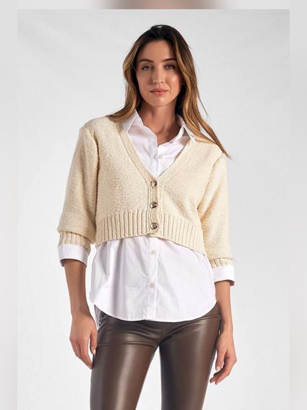 Elan Heidi V-Neck Cropped Sweater Collar Top Set In Off White Cream SZ S NWT